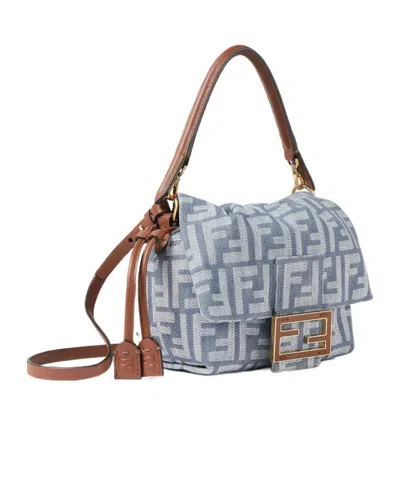 Fendi Minibag Mamma Baguette In Jacquard Ff Denim Effect Blue Women