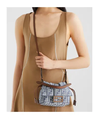 Fendi Minibag Mamma Baguette In Jacquard Ff Denim Effect Blue Women