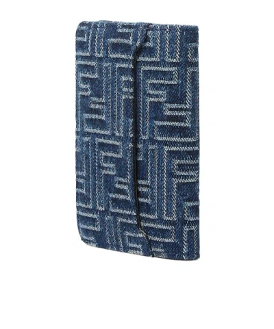 Fendi Card Holder In Jacquard Ff Blue Denim Effect And Brown Leather Men In Blue