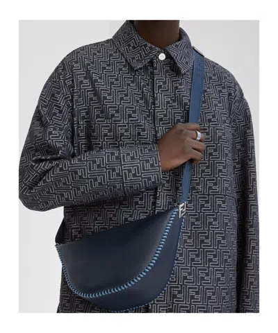 Fendi Dark Blue Leather Bag With Threading