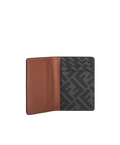 Fendi Brown Leather And Black Ff Canvas Card Holder