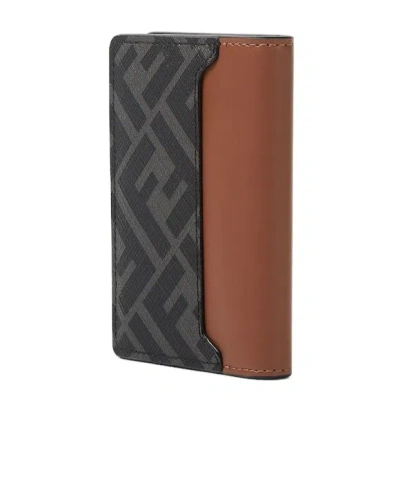 Fendi Brown Leather And Black Ff Canvas Card Holder