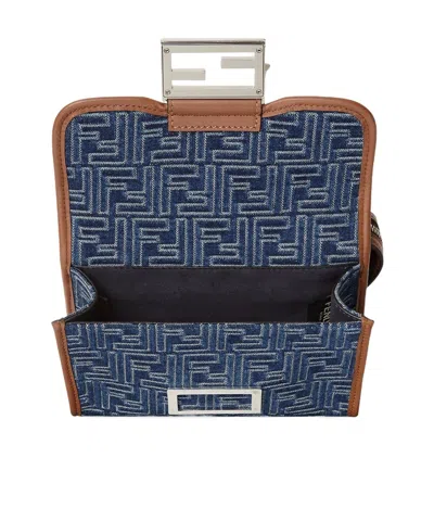 Fendi Denim-effect Ff Jacquard And Leather Double Baguette Bag In Blue