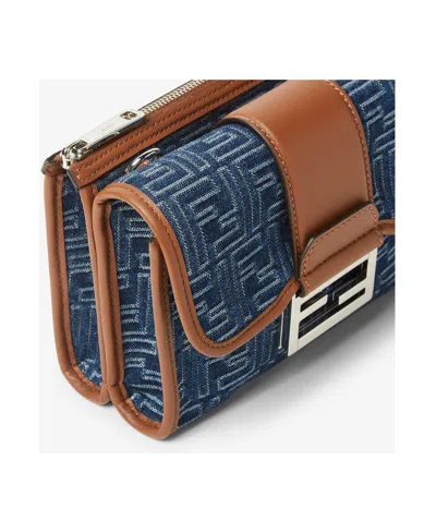 Fendi Denim-effect Ff Jacquard And Leather Double Baguette Bag In Blue