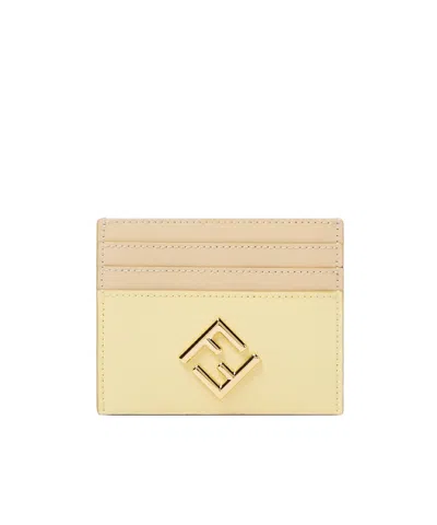 Fendi Yellow And Beige Leather Flat Card Holder