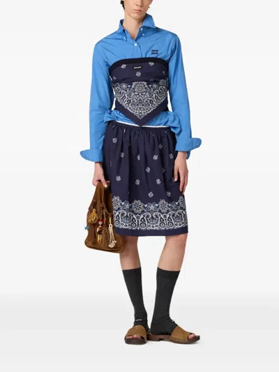Miu Miu Cotton Popeline Shirt With Logo Embroidery In Blue
