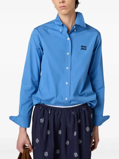 Miu Miu Cotton Popeline Shirt With Logo Embroidery In Blue