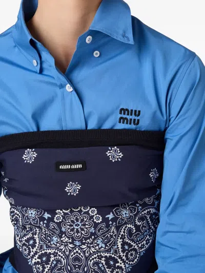 Miu Miu Cotton Popeline Shirt With Logo Embroidery In Blue