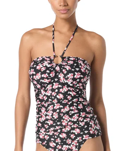 Michael Kors Michael  Women's Floral-print Bandeau Tankini Top In Black