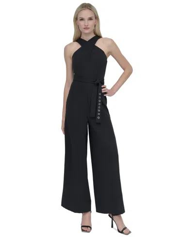 Shop Dkny Women's Crisscross Halter Belted Wide-leg Jumpsuit