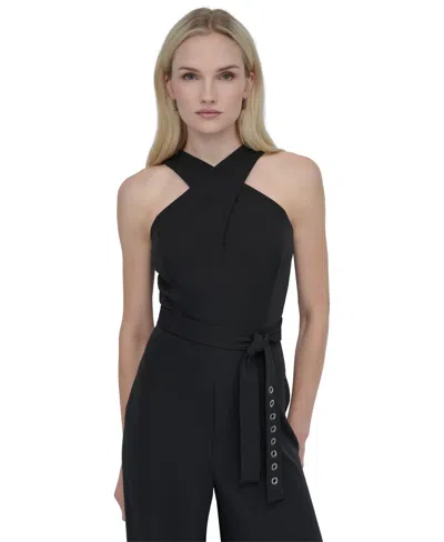 Dkny Women's Crisscross Halter Belted Wide-leg Jumpsuit