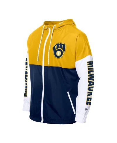 New Era Men's Navy/gold Milwaukee Brewers Color Block Full-zip Hoodie Windbreaker Jacket