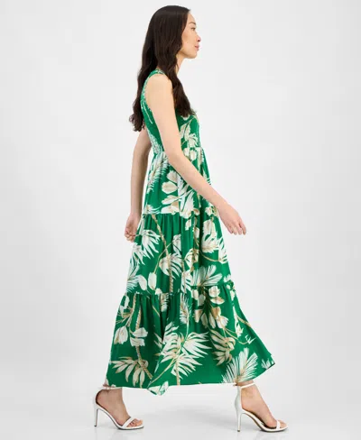 Anne Klein Palm Print Smocked Tiered Maxi Dress