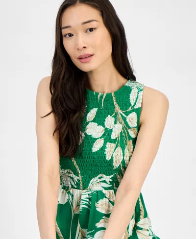 Anne Klein Palm Print Smocked Tiered Maxi Dress