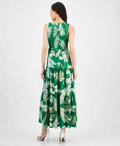 Anne Klein Palm Print Smocked Tiered Maxi Dress