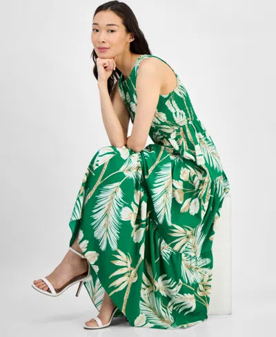 Anne Klein Palm Print Smocked Tiered Maxi Dress