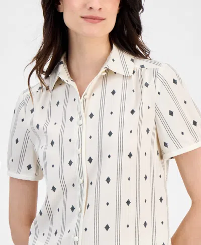 Anne Klein Diamond Pattern Short Sleeve Button-up Shirt In White
