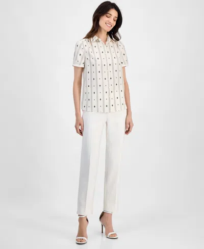 Anne Klein Diamond Pattern Short Sleeve Button-up Shirt In White