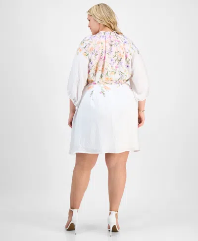 Sandra Darren Plus Size Placed-floral Tie-waist Shift Dress In White