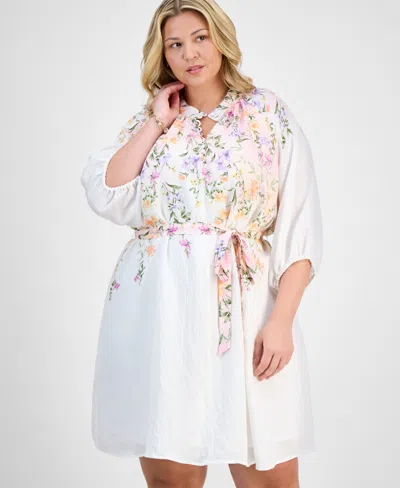 Sandra Darren Plus Size Placed-floral Tie-waist Shift Dress In White