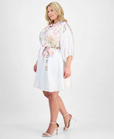 Sandra Darren Plus Size Placed-floral Tie-waist Shift Dress In White
