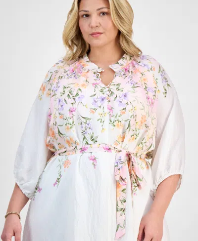 Sandra Darren Plus Size Placed-floral Tie-waist Shift Dress In White