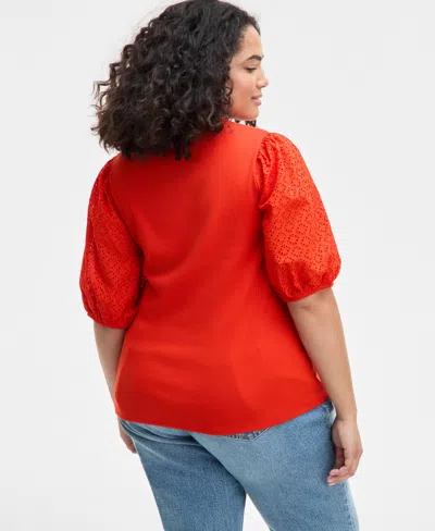 On 34th Trendy Plus Size Eyelet-sleeve Rib-knit Top, Exclusively At Macy's In Red