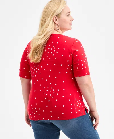 Style & Co Plus Size Striped Elbow-sleeve Knit Top, Exclusively At Macy's In Red