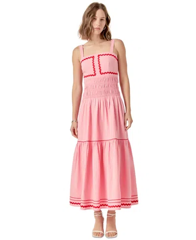 English Factory Linen Cotton Ric Rac Midi Dress In Pink
