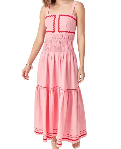 English Factory Linen Cotton Ric Rac Midi Dress In Pink