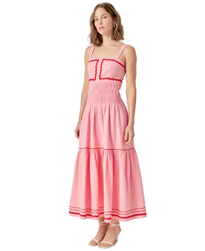 English Factory Linen Cotton Ric Rac Midi Dress In Pink