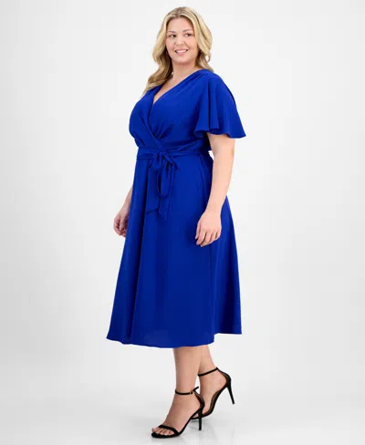 Connected Plus Size Tie-waist Flutter-sleeve Midi Dress