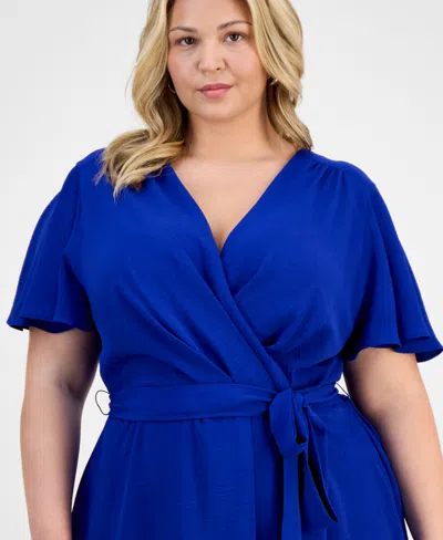 Connected Plus Size Tie-waist Flutter-sleeve Midi Dress
