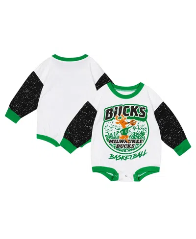 Mitchell & Ness Baby Boys And Girls White Milwaukee Bucks Hardwood Classics Posterboard Oversize Long Sleeve Bodysui