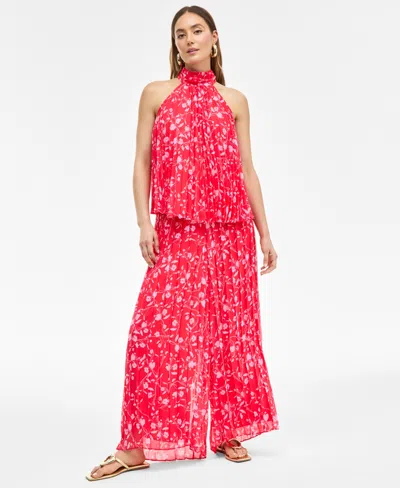 Inc International Concepts Womens Printed Pleated Chiffon Halter Top High Rise Printed Chiffon Wide Leg Pants Exclusively At Ma In Red