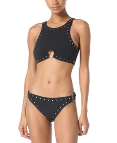 Michael Kors Michael  Womens Crepe Ring Studded Front Crop Top Crepe Ring Studded Front Bottoms In Black