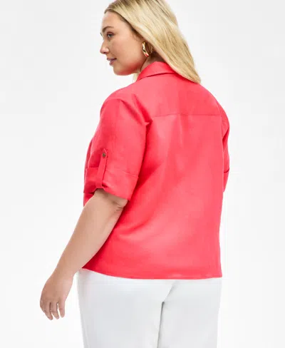 Inc International Concepts Plus Size Linen-blend Twist-hem Shirt, Exclusively At Macy's In Red