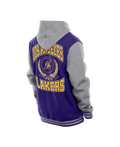 NEW ERA MEN'S PURPLE LOS ANGELES LAKERS THROWBACK PREP CHENILLE FULL-SNAP HOODED VARSITY JACKET 