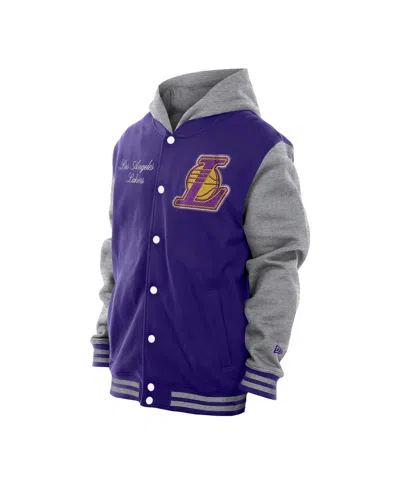 New Era Men's Purple Los Angeles Lakers Throwback Prep Chenille Full-snap Hooded Varsity Jacket In Purple