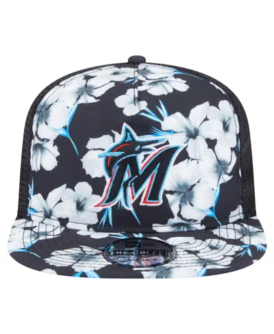 New Era Men's Black Miami Marlins Adventure Pattern Golfer Trucker Snapback Hat