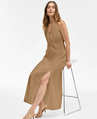 Inc International Concepts Women's Linen-blend O-ring Maxi Dress, Exclusively At Macy's In Brown