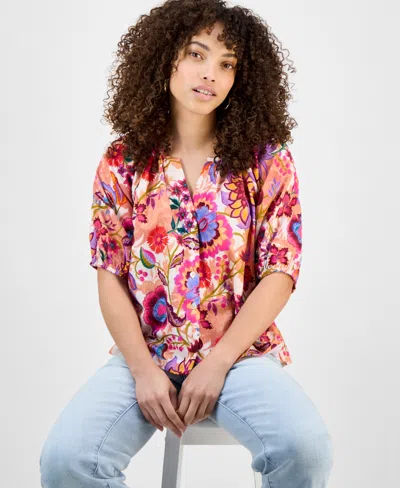 Liverpool Los Angeles Floral Puff Sleeve Button-up Top In Multi