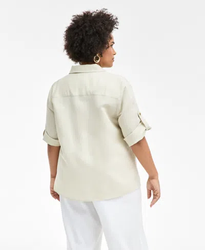 Inc International Concepts Plus Size Linen-blend Twist-hem Shirt, Exclusively At Macy's In Neutral