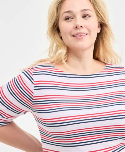 Style & Co Plus Size Striped Elbow-sleeve Knit Top, Exclusively At Macy's In Multi