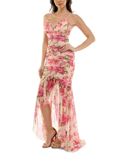 Katia Rae Juniors' Printed Ruched High-low Ruffled Gown, Created For Macy's