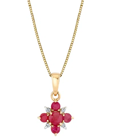 Macy's Ruby (5/8 Ct. T.w.) & Diamond Accent Floral Cluster 18" Pendant Necklace In 10k Gold