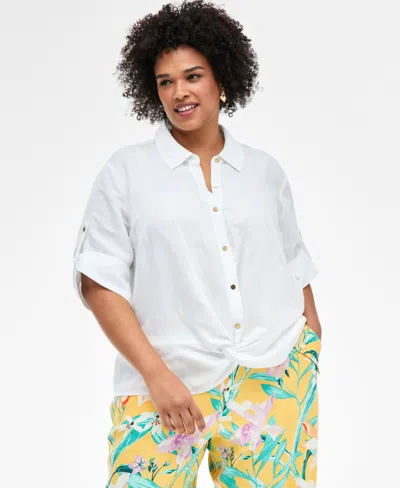 Inc International Concepts Plus Size Linen-blend Twist-hem Shirt, Exclusively At Macy's In White