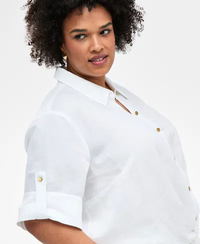 Inc International Concepts Plus Size Linen-blend Twist-hem Shirt, Exclusively At Macy's In White
