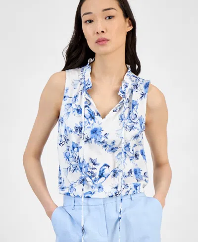 Shop Anne Klein Women's Printed Ruffle-neck Sleeveless Blouse