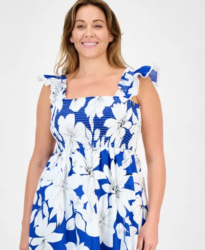 Anne Klein Plus Size Floral-print Smocked Ruffled-sleeve Cotton Midi Dress
